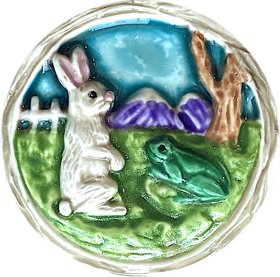 Bunny Rabbit and Frog Art Stone Ceramic Button, Susan Clarke