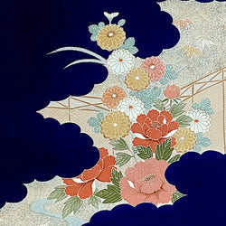 Full BOLT of Vintage Navy Furisode Kimono Miyoshi Chirimen Crepe Silk, Traditional Floral from Japan #221