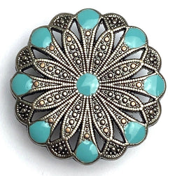Re-Stocked, Blue-Green Nine-Spot Flower Concho 1" Screwback Silver #SWM-22