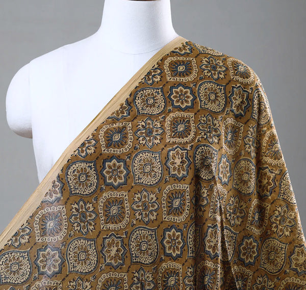 Sale, Ochre-Brown/Blue/Tan Traditional Hand Block Print from India, Vegetable Dyes, Cotton, 45" Wide By the Yard #TK-32
