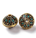 Re-Stocked at Lower Price, Brass and Turquoise Beads, Double Cone Shape 5/8"  PACK OF 4 BEADS,  #LP-125