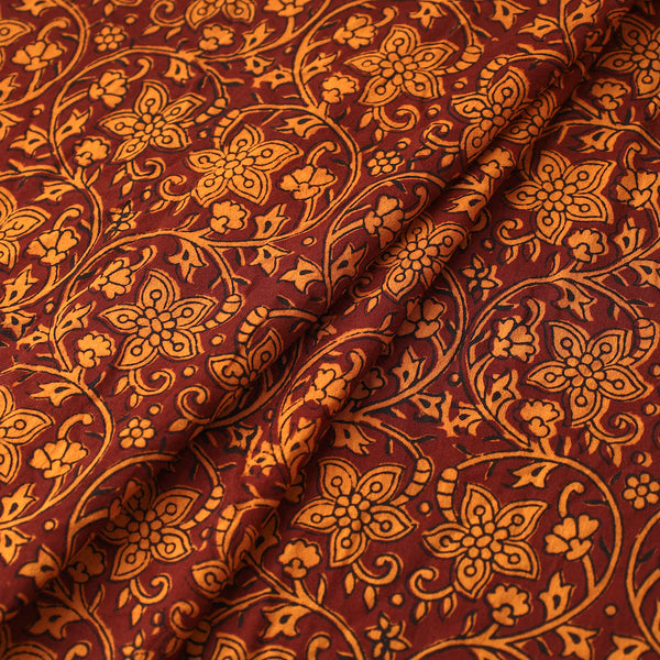 Pumpkin Burgundy Floral Block Print from India, Lightweight Traditional Cotton Border Print, By the Yard #TK-31
