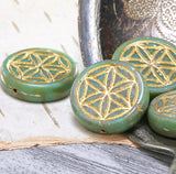 Sacred Geometry Flower, Large Round "Coin" Green/Gold Czech Glass Bead,  3/4" / 20mm, #L-873