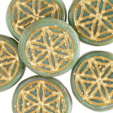 Sacred Geometry Flower, Large Round "Coin" Green/Gold Czech Glass Bead,  3/4" / 20mm, #L-873