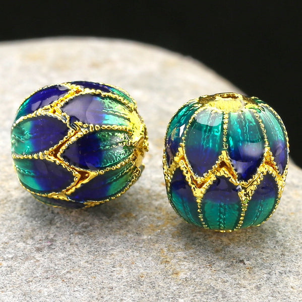 Cloisonné Peacock Sacred Flower 1/2" Barrel Bead with Gold 13.5x12mm # L-166