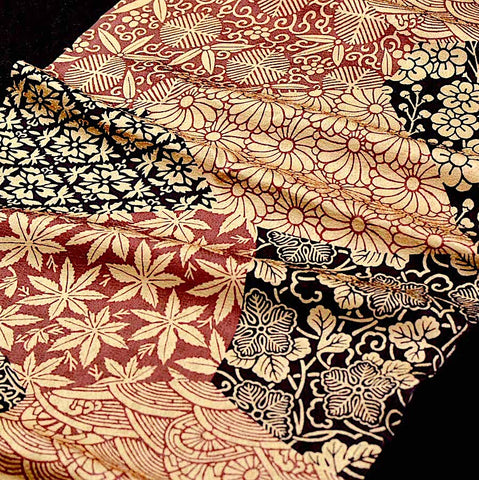 Tan / Brick / Black 'Patchwork' Vintage Kimono Silk Satin from Japan, 13.5" x 38"  #4694