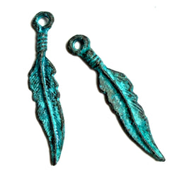 FOUR Feather Charms, Turquoise Patina Mykonos Copper 1-1/8" / 28mm Pack of 4   # L-313-4