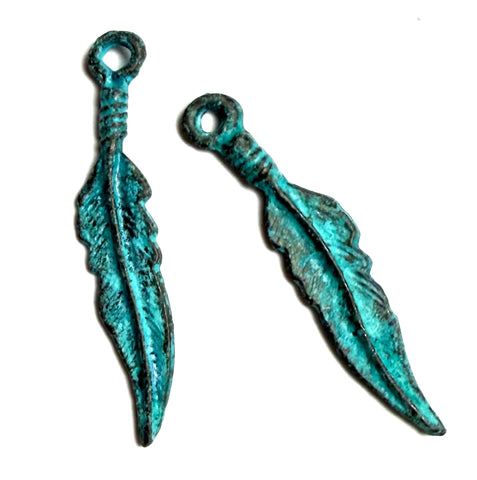 FOUR Feather Charms, Turquoise Patina Mykonos Copper 1-1/8" / 28mm Pack of 4   # L-313-4