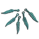 FOUR Feather Charms, Turquoise Patina Mykonos Copper 1-1/8" / 28mm Pack of 4   # L-313-4