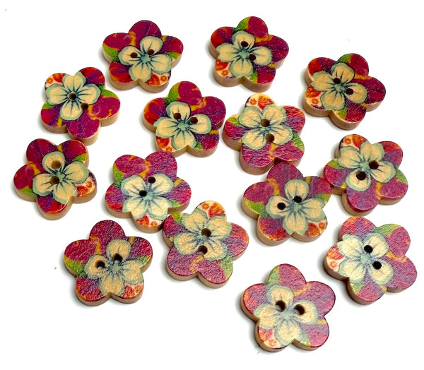 Wooden Colorful Flower-Shape Button for Crafts/Fun, 11/16"-3/4" Pack of 14 Buttons # MV-75