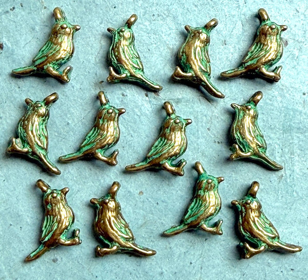 Twelve Tiny Green/Gold Bird Charms, Brass 1/2" / 13mm. Pack of 12   # L-4321-12