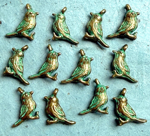 Twelve Tiny Green/Gold Bird Charms, Brass 1/2" / 13mm. Pack of 12   # L-4321-12