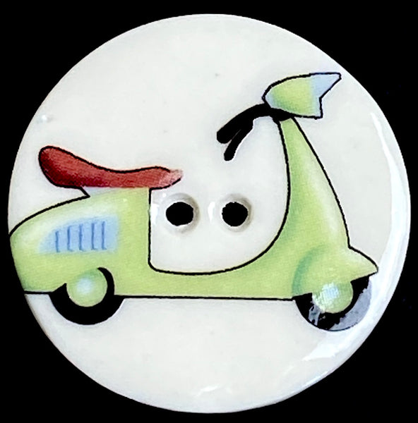 Running Low, Vespa Scooter Button - Porcelain 1- 1/8" diameter