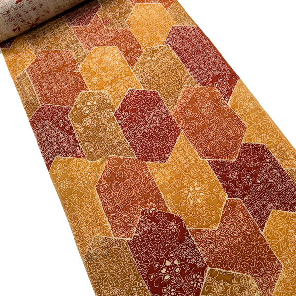 Oranges/Golds/Ochre/Wine Faux Patchwork Hexagons Chirimen Vintage Kimono Silk Print from Japan By the Yard  #231