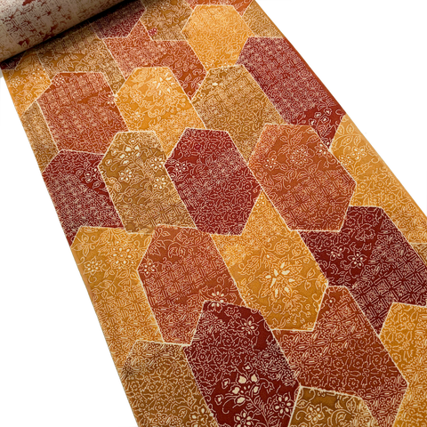 Oranges/Golds/Ochre/Wine Faux Patchwork Hexagons Chirimen Vintage Kimono Silk Print from Japan By the Yard  #231
