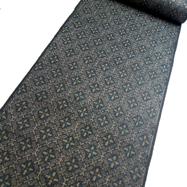 Dark Geometric Diamonds Complex Ikat, Black/Gray/Blue Vintage Kimono Silk from Japan By the Yard #232