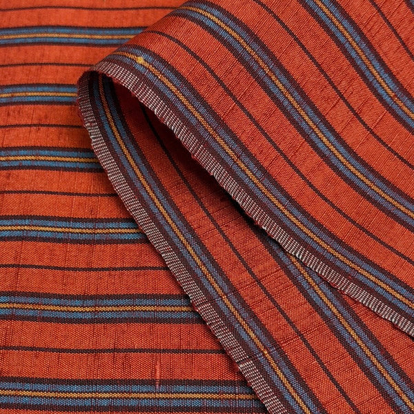 Rust/Blue/Black Cross Dye Yarn Dyed Stripe, Vintage Kimono Silk from Japan By the Yard #233