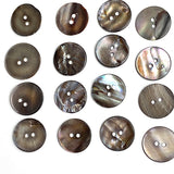 SALE OUTLET ITEM: Chocolate Gray Silvery Melange Pearl Shell, 11/16", Semi-Rustic, 17mm 2-Hole, 175-200 Buttons   #LP-58-175