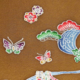 Butterflies at the Stream Bingata, Ochre Brown Vintage Kimono Silk Chirimen from Japan By The Yard #555