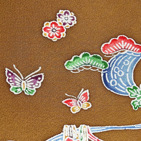 Butterflies at the Stream Bingata, Ochre Brown Vintage Kimono Silk Chirimen from Japan By The Yard #555