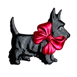 Scottie Dog Button, Black with Red Bow, 1" Scotty  #SC-135 Handpainted, Susan Clarke