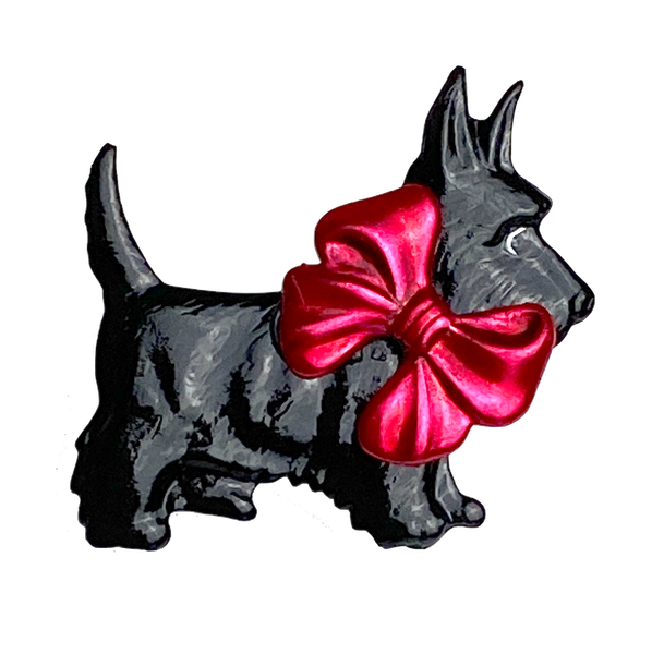 Running Low, Scottie Dog Button, Black with Red Bow, 1" Scotty  #SC-135 Handpainted, Susan Clarke