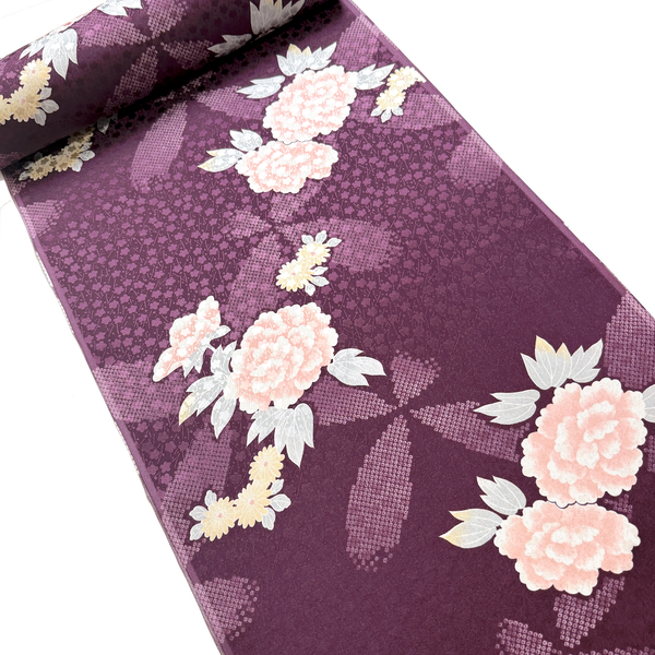 Large Peonies on Purple, Kimono Silk Satin From Japan By the Yard #294