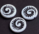 SALE, Czech Glass Swirl Beads, Black/)ff-White Rustic, Ammonite Swirl, 3/4" / 19mm, Pack of 6 Beads  #L-340