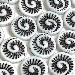 SALE, Czech Glass Swirl Beads, Black/)ff-White Rustic, Ammonite Swirl, 3/4" / 19mm, Pack of 6 Beads  #L-340