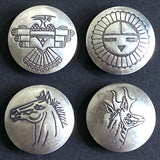 Set of 4 Button Covers: Vintage Sterling Silver Zuni Sun, Horse, Pronghorn, Thunderbird, 3/4"  #MV-67
