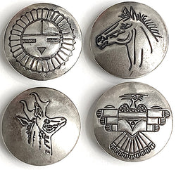 Set of 4 Button Covers: Vintage Sterling Silver Zuni Sun, Horse, Pronghorn, Thunderbird, 3/4"  #MV-67