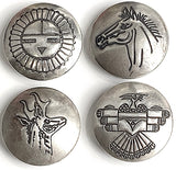 Set of 4 Button Covers: Vintage Sterling Silver Zuni Sun, Horse, Pronghorn, Thunderbird, 3/4"  #MV-67