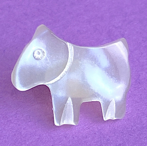 Running Low, Tiny Dog, Vintage Pearly Off-White Faux Shell Carved Polyester 1970's 1/2" Button  #SK-764