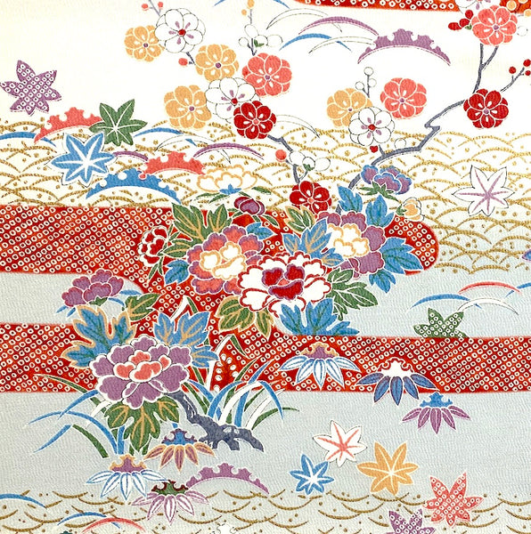 Traditional Floral from Japan, Vintage Kimono Silk Chirimen Crepe Print By the Yard   #832