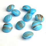 SALE Turquoise Blue Vintage Glass with Gold Streaks, 7/16" Buttons, Vintage, Europe 11mm Pack of SIX  #CL-06