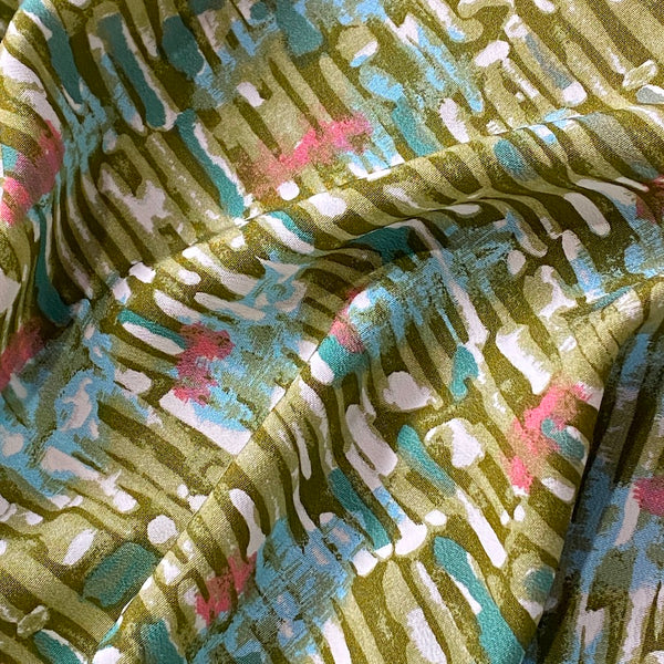 Olive Abstract Print Rayon Chirimen Crepe From Japan, By the Yard (Not Silk) #833