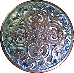 Almost Gone, Blue/Copper Scrollwork Metal Button, Shank Back, 11/16"  #SWC-23