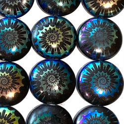 Jet Black+Teal Rainbow Beads, Ammonite Swirl, Czech Glass 13/16" / 20mm, Pack of 4 Beads  #L-492