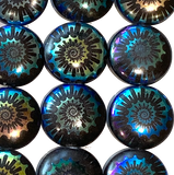 Jet Black+Teal Rainbow Beads, Ammonite Swirl, Czech Glass 13/16" / 20mm, Pack of 4 Beads  #L-492