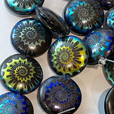 Jet Black Rainbow Beads, Ammonite Swirl, Czech Glass 13/16" / 20mm, Pack of 4 Beads  #L-492
