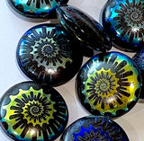 Jet Black+Teal Rainbow Beads, Ammonite Swirl, Czech Glass 13/16" / 20mm, Pack of 4 Beads  #L-492