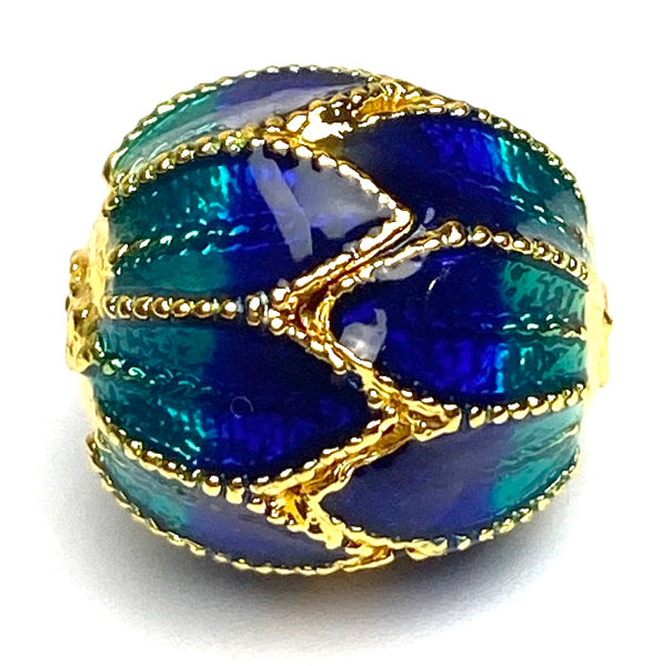 Re-Stocked, Cloisonné Peacock Sacred Flower 1/2" Barrel Bead with Gold 13.5x12mm # L-166