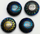 Jet Black Rainbow Beads, Ammonite Swirl, Czech Glass 13/16" / 20mm, Pack of 4 Beads  #L-492