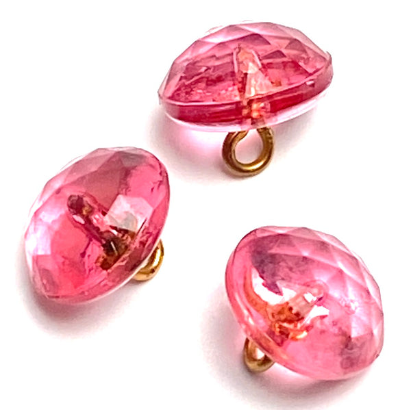 OUTLET ITEM, Pack of 3, Pink Vintage Glass Buttons, 3/8", Clear and Faceted # GL311