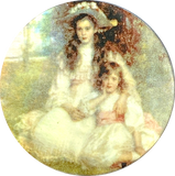 Portrait of Sisters on Mother of Pearl Button by Susan Clarke, 1-3/8"  #1572