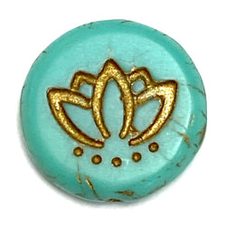 TWO Green / Gold Lotus Flower Beads, Opaque Czech Glass, 14mm / 9/16", Pack of 2 Beads,  #AB-604