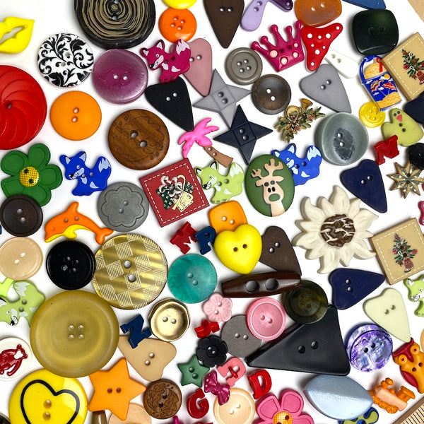 Button Fun Mix, Kids, Hearts, Letters, Animals Etc. New Plastic Buttons, Samples and Overruns  #PIE-5