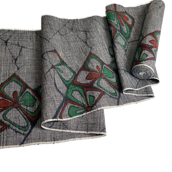 Black/White/Red/Green Handwoven Vintage Silk Tsumugi Ikat, from Japan By the Yard  # 837