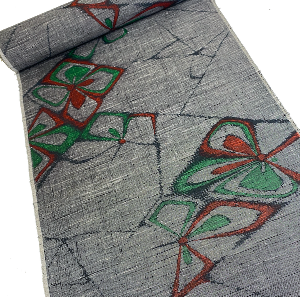 Black/White/Red/Green Handwoven Vintage Silk Tsumugi Ikat, from Japan By the Yard  # 837