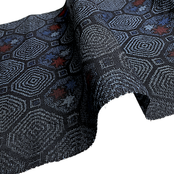 Octagons, Midnight/Blues/Black/Red Vintage Kimono Silk/Cotton Ikat Tsumugi from Japan By the Yard  # 838